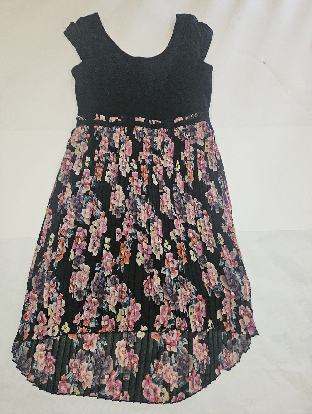 Xhilaration Black Dress with Floral Pleated Skirt